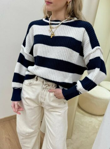 Shop Online Maglione scatoletta righe panna blu HaveOne