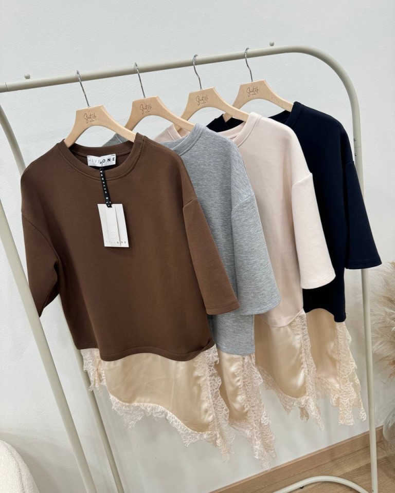 T-shirt grigio mélange inserto raso e pizzo HaveOne Shop Online T-shirt grigio mélange inserto raso e pizzo HaveOne