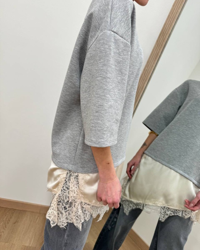 T-shirt grigio mélange inserto raso e pizzo HaveOne Shop Online T-shirt grigio mélange inserto raso e pizzo HaveOne