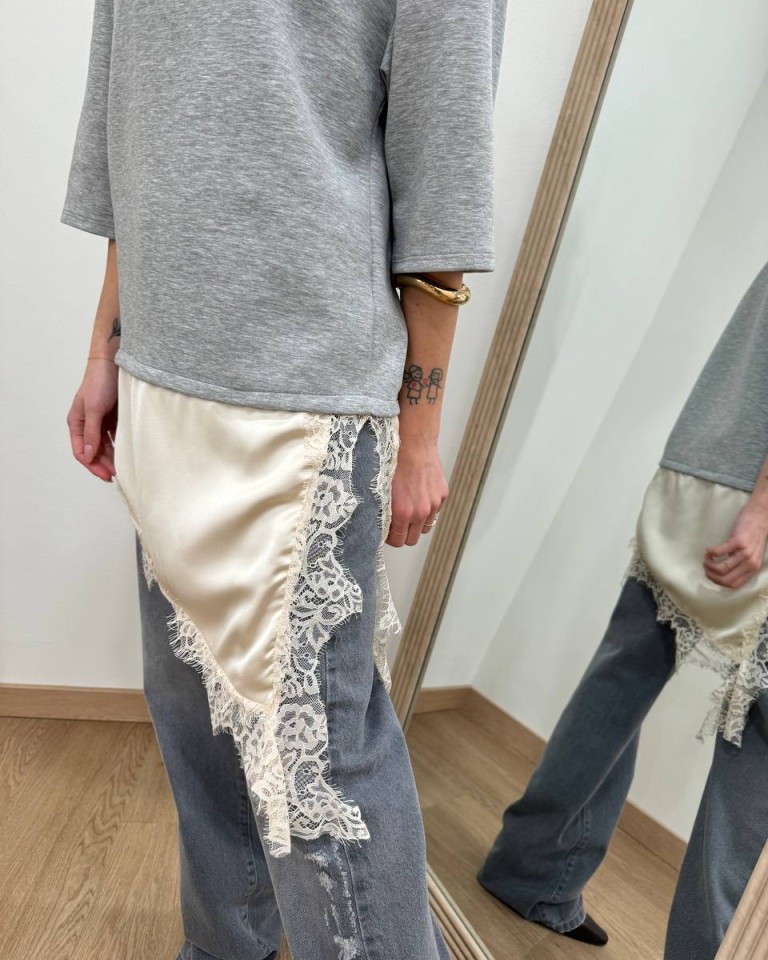 T-shirt grigio mélange inserto raso e pizzo HaveOne Shop Online T-shirt grigio mélange inserto raso e pizzo HaveOne