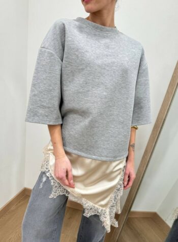 Shop Online T-shirt grigio mélange inserto raso e pizzo HaveOne