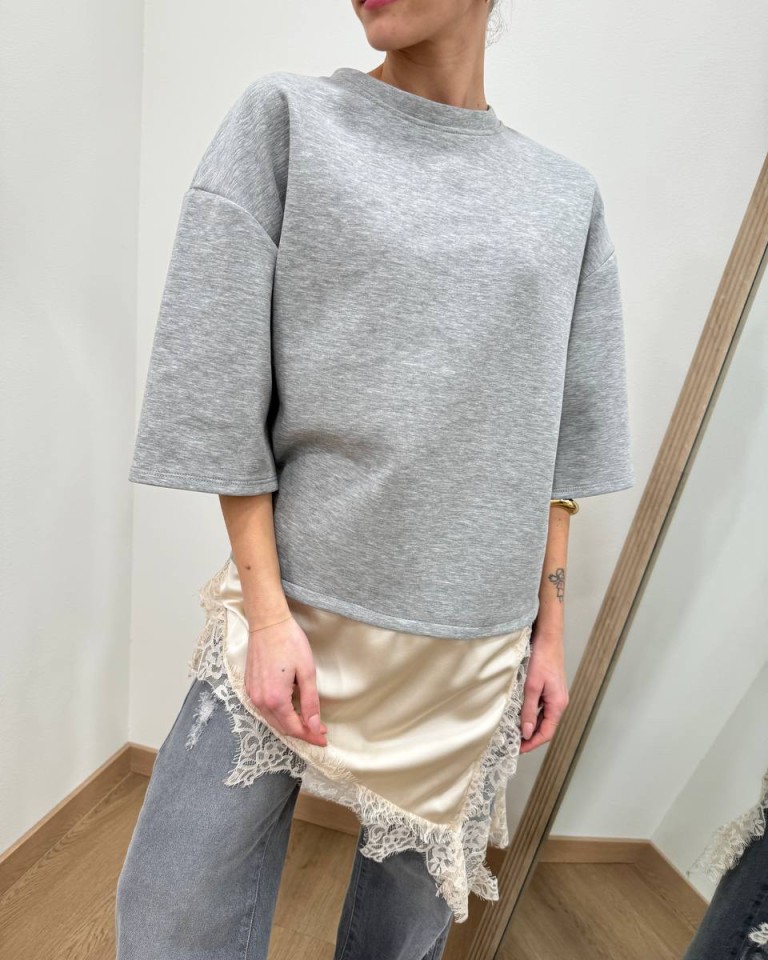 T-shirt grigio mélange inserto raso e pizzo HaveOne Shop Online T-shirt grigio mélange inserto raso e pizzo HaveOne