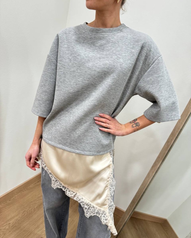 T-shirt grigio mélange inserto raso e pizzo HaveOne Shop Online T-shirt grigio mélange inserto raso e pizzo HaveOne