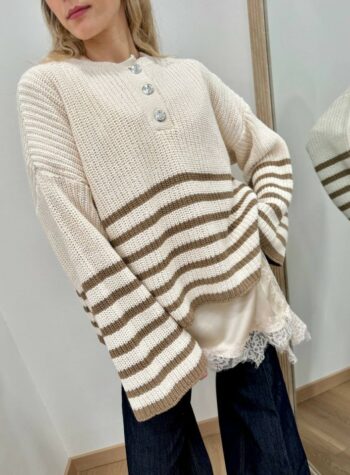 Shop Online Maglione bottoni righe panna nocciola HaveOne