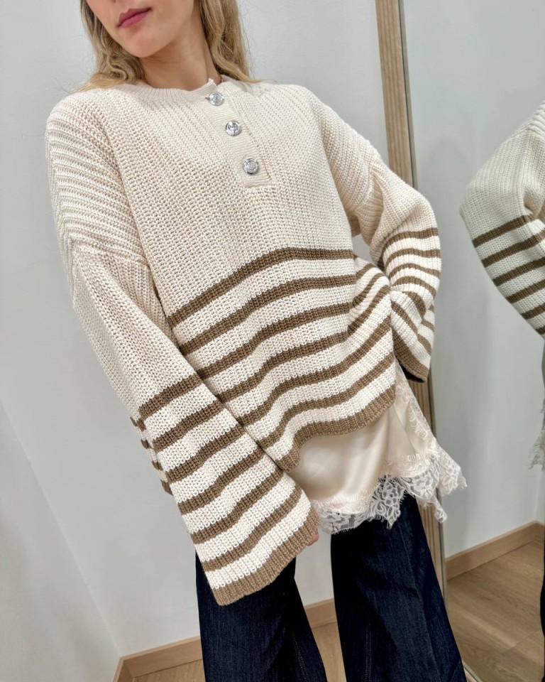 Maglione bottoni righe panna nocciola HaveOne Shop Online Maglione bottoni righe panna nocciola HaveOne