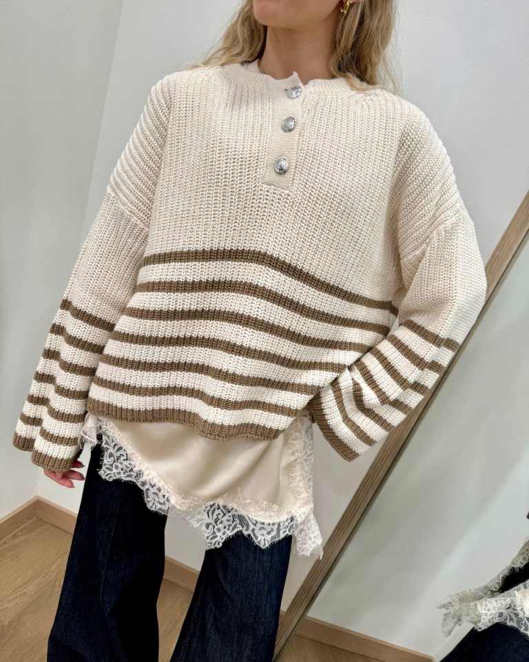 Maglione bottoni righe panna nocciola HaveOne Shop Online Maglione bottoni righe panna nocciola HaveOne