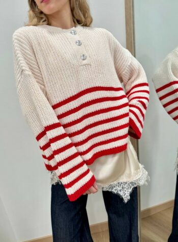 Shop Online Maglione bottoni righe panna rosso HaveOne