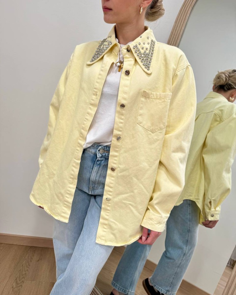 Camicia denim giallo pastello strass colletto Susy Mix Shop Online Camicia denim giallo pastello strass colletto Susy Mix