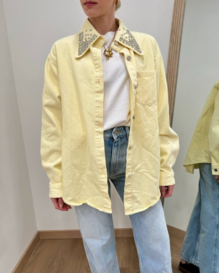 Camicia denim giallo pastello strass colletto Susy Mix Shop Online Camicia denim giallo pastello strass colletto Susy Mix