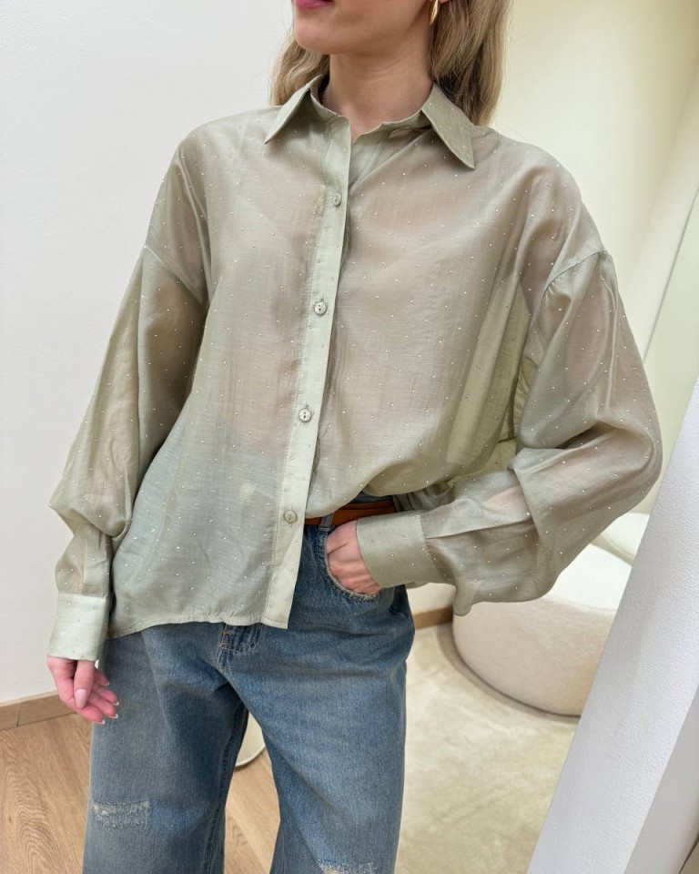 Camicia strass semitrasparente salvia Kontatto Shop Online Camicia strass semitrasparente salvia Kontatto