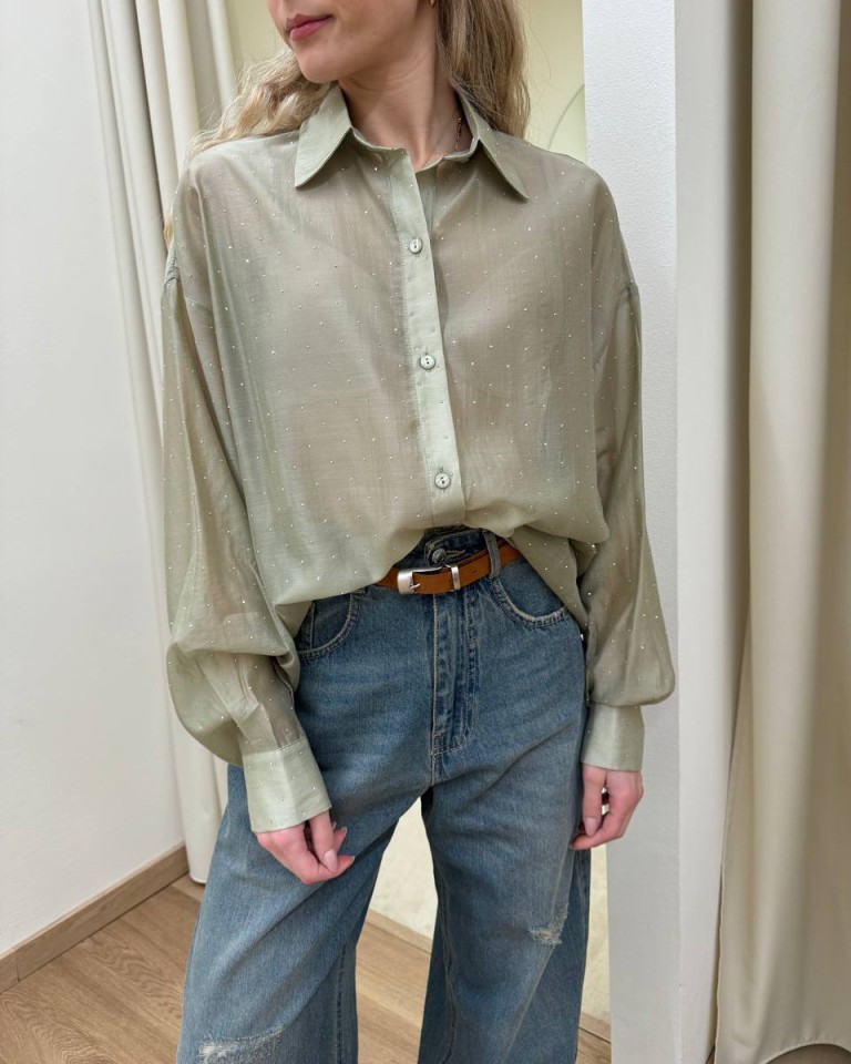 Camicia strass semitrasparente salvia Kontatto Shop Online Camicia strass semitrasparente salvia Kontatto