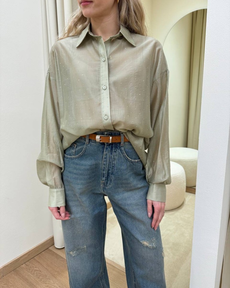 Camicia strass semitrasparente salvia Kontatto Shop Online Camicia strass semitrasparente salvia Kontatto