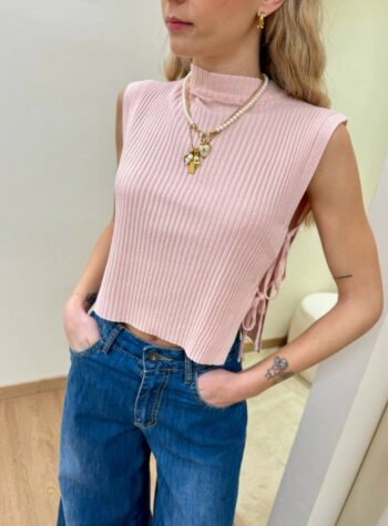 Shop Online Top a costine lacci laterali rosa pastello Kontatto