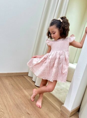 Shop Online Vestito pizzo san gallo rosa pastello Lil'Atelier