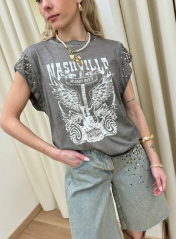 Shop Online T-shirt fango con borchie e cabochon Souvenir