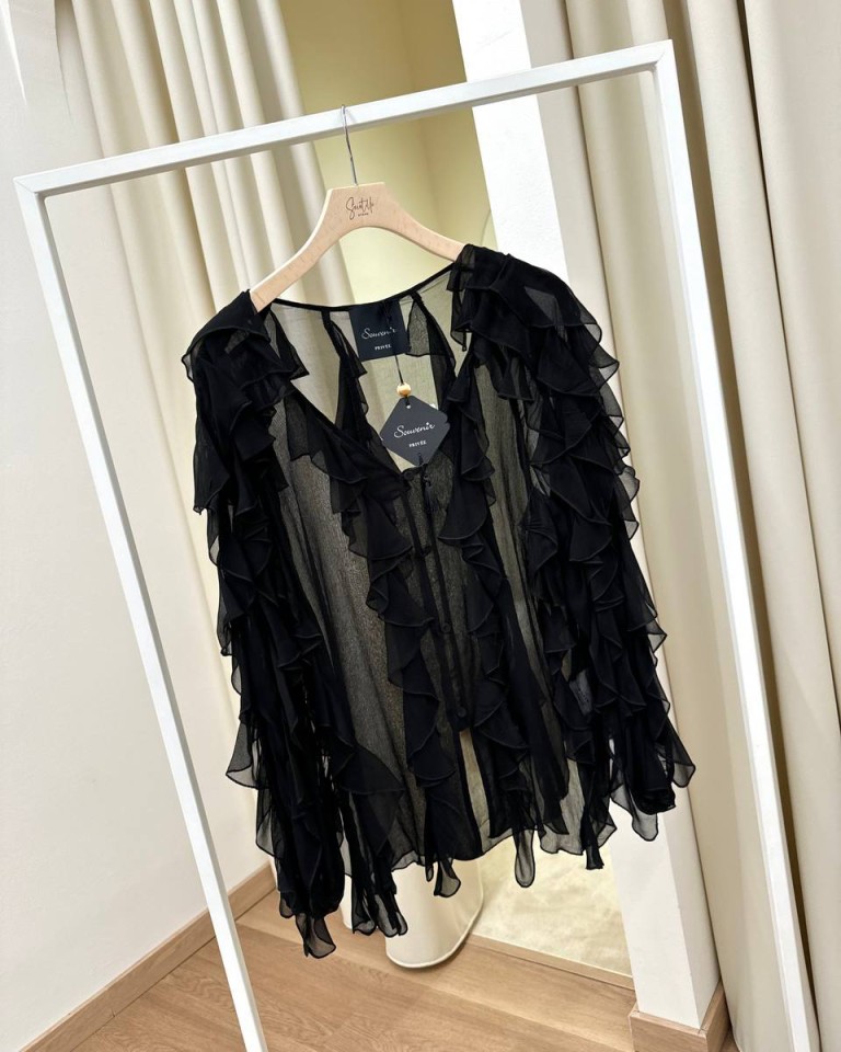 Blusa nera semitrasparente rouches Souvenir Shop Online Blusa nera semitrasparente rouches Souvenir