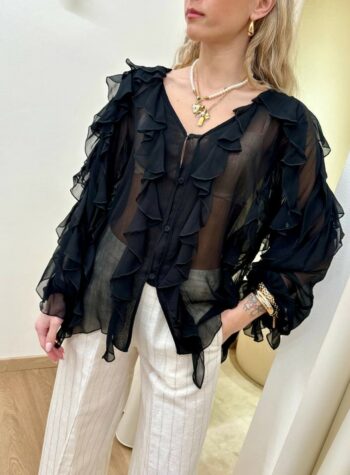 Shop Online Blusa nera semitrasparente rouches Souvenir