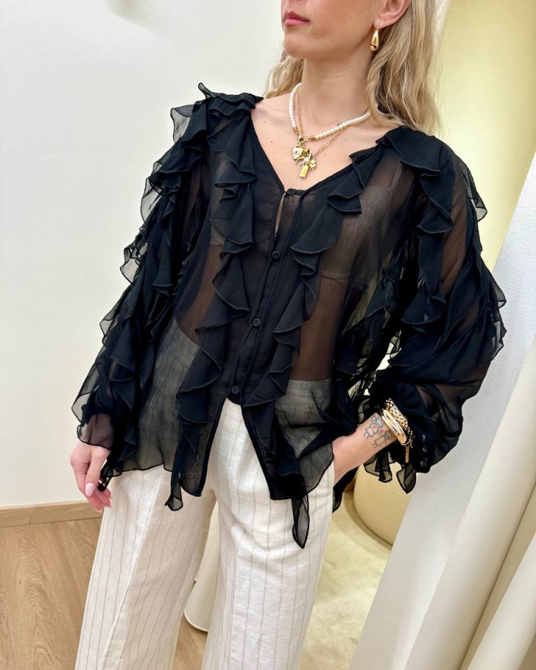 Blusa nera semitrasparente rouches Souvenir Shop Online Blusa nera semitrasparente rouches Souvenir