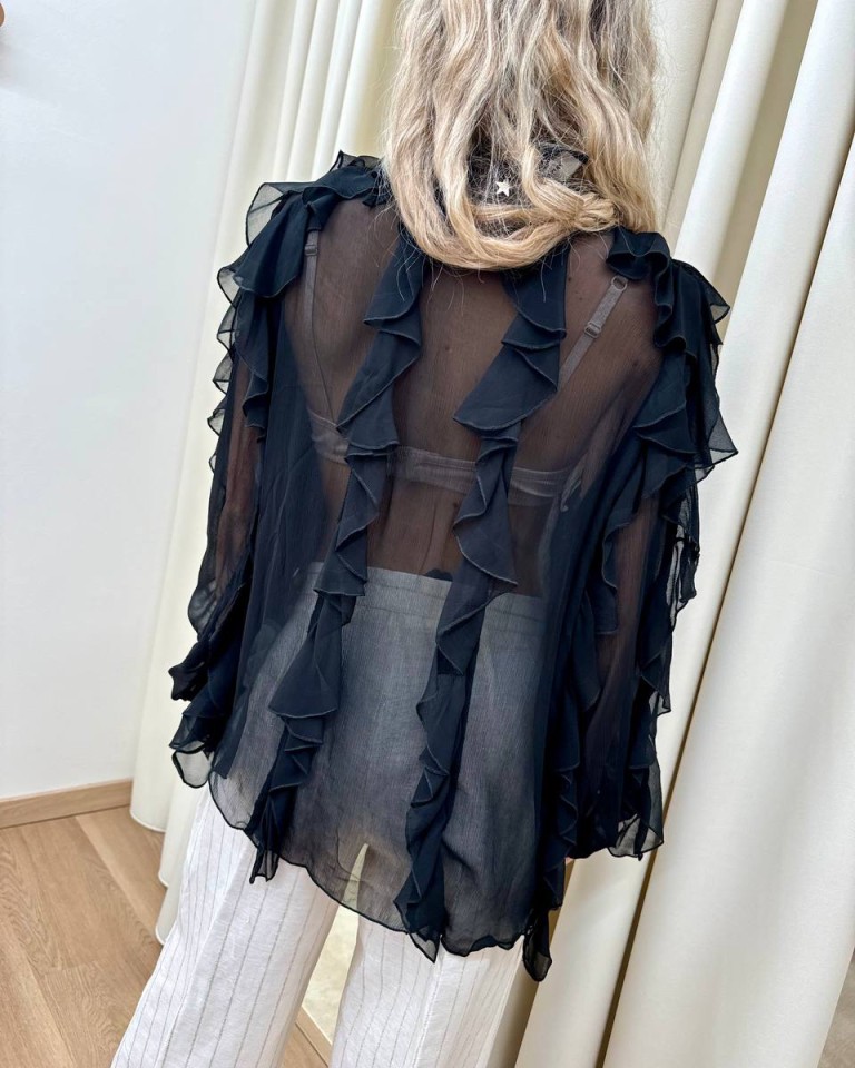 Blusa nera semitrasparente rouches Souvenir Shop Online Blusa nera semitrasparente rouches Souvenir