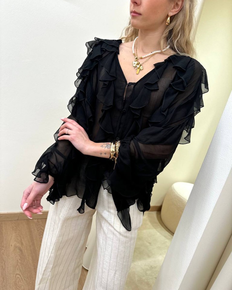 Blusa nera semitrasparente rouches Souvenir Shop Online Blusa nera semitrasparente rouches Souvenir