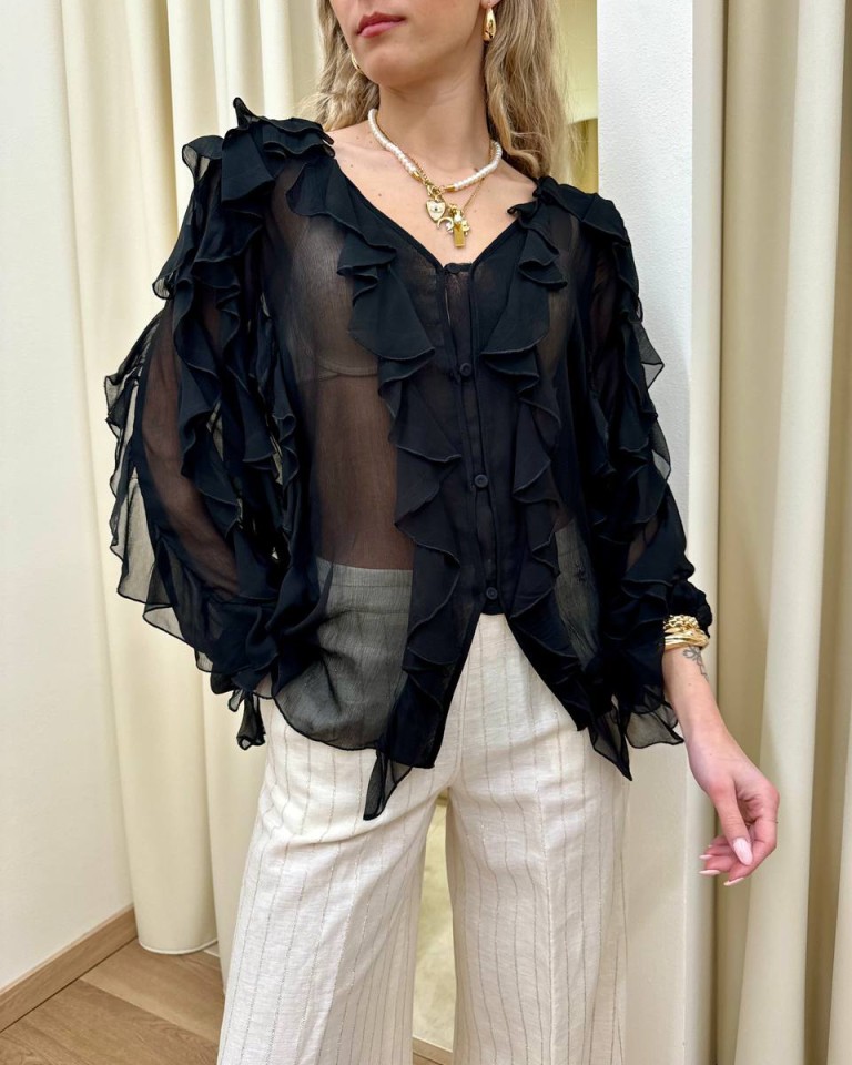 Blusa nera semitrasparente rouches Souvenir Shop Online Blusa nera semitrasparente rouches Souvenir