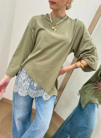 Shop Online T-shirt over verde salvia inserto pizzo HaveOne
