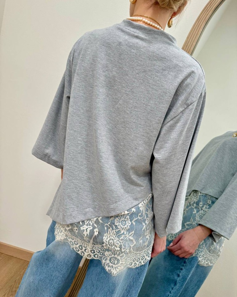 T-shirt over grigio melange inserto pizzo HaveOne Shop Online T-shirt over grigio melange inserto pizzo HaveOne