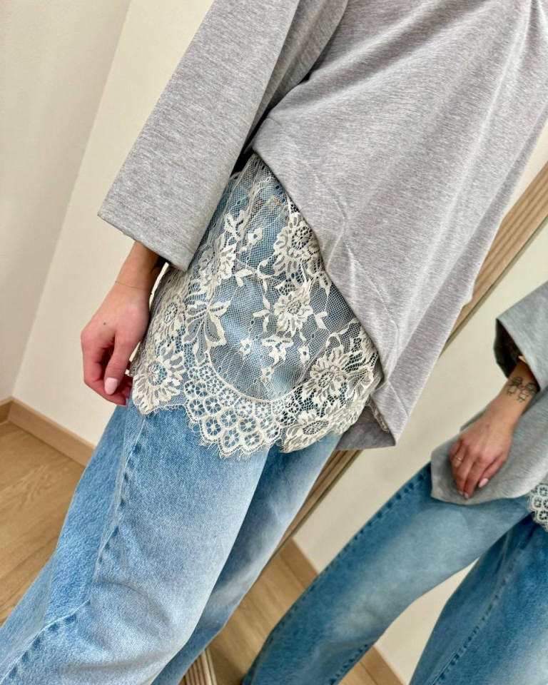 T-shirt over grigio melange inserto pizzo HaveOne Shop Online T-shirt over grigio melange inserto pizzo HaveOne