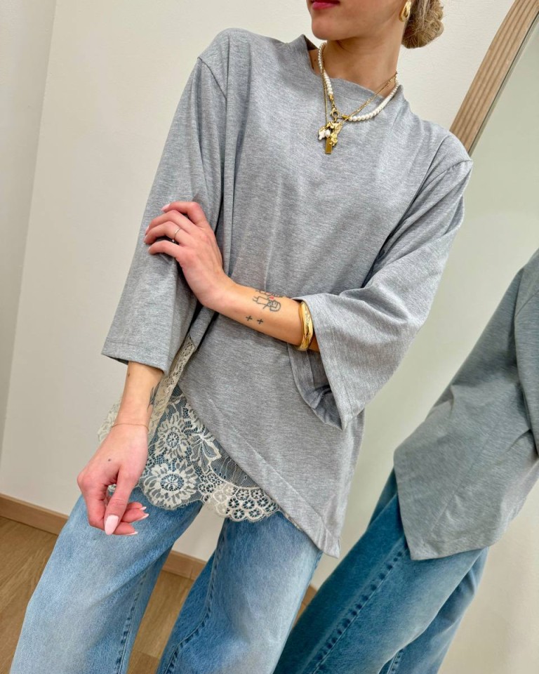 T-shirt over grigio melange inserto pizzo HaveOne Shop Online T-shirt over grigio melange inserto pizzo HaveOne