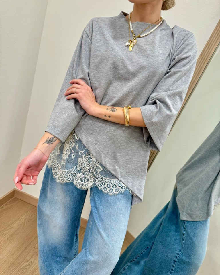 T-shirt over grigio melange inserto pizzo HaveOne Shop Online T-shirt over grigio melange inserto pizzo HaveOne