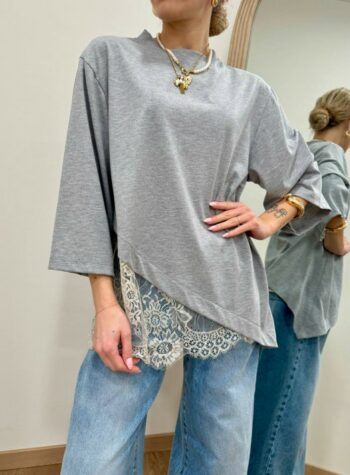 Shop Online T-shirt over grigio melange inserto pizzo HaveOne
