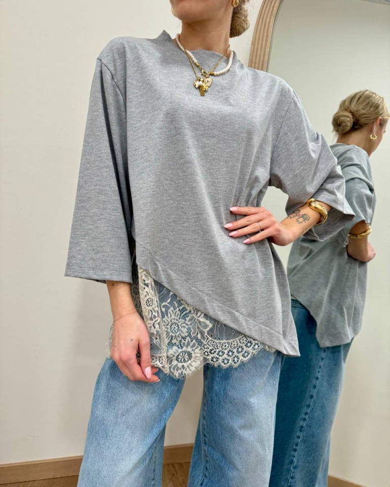 T-shirt over grigio melange inserto pizzo HaveOne Shop Online T-shirt over grigio melange inserto pizzo HaveOne