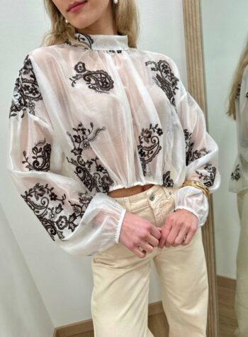 Shop Online Blusa panna semitrasparente ricami Vicolo