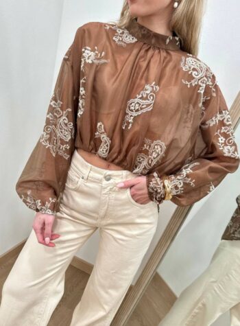 Shop Online Blusa caffè semitrasparente ricami Vicolo