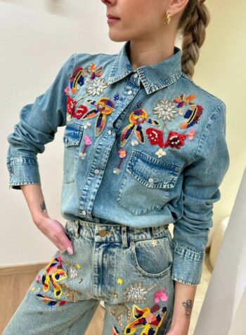 Shop Online Camicia denim ricamo perline multicolor Souvenir
