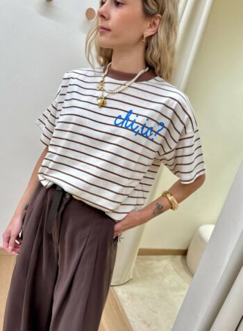 Shop Online T-shirt righe tabacco scritta "chi io?" Vicolo
