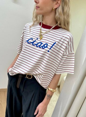 Shop Online T-shirt righe bordeaux scritta "ciao!" Vicolo