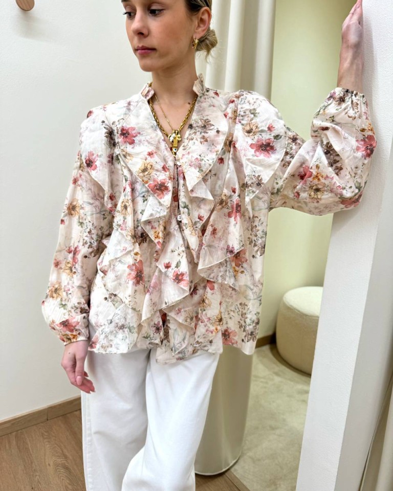 Blusa rouches stampa floreale cipria Susy Mix Shop Online Blusa rouches stampa floreale cipria Susy Mix