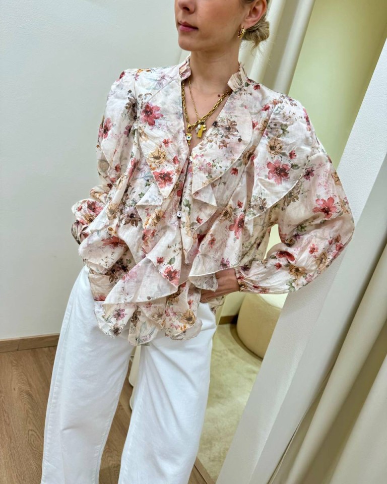 Blusa rouches stampa floreale cipria Susy Mix Shop Online Blusa rouches stampa floreale cipria Susy Mix