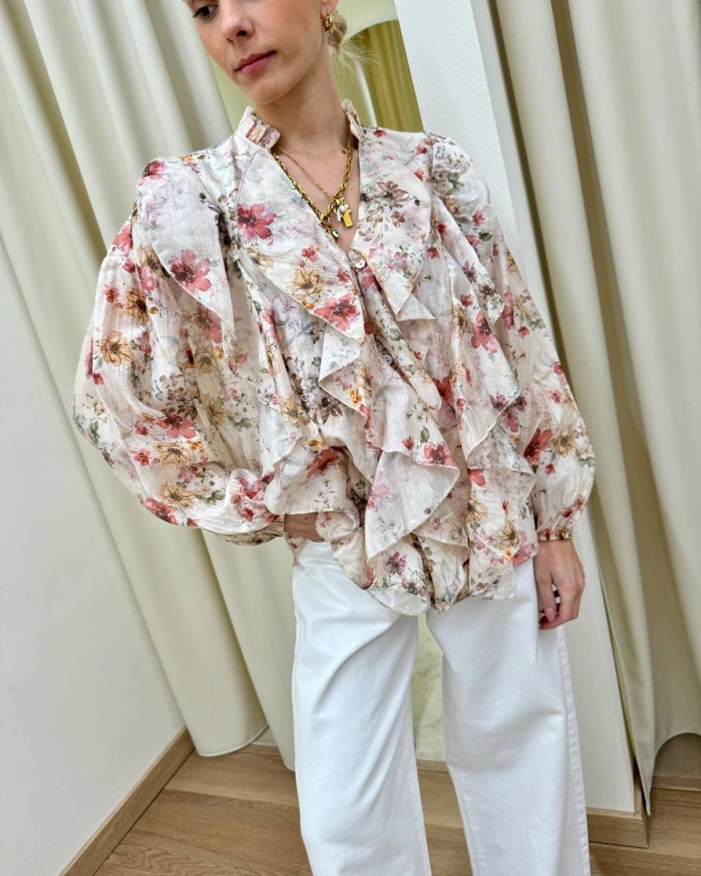 Blusa rouches stampa floreale cipria Susy Mix Shop Online Blusa rouches stampa floreale cipria Susy Mix