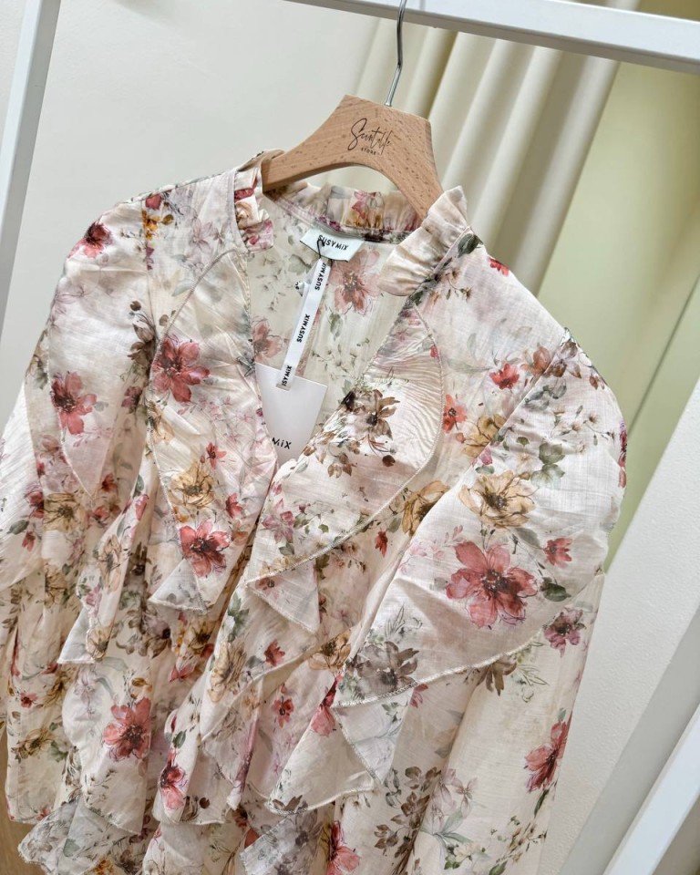 Blusa rouches stampa floreale cipria Susy Mix Shop Online Blusa rouches stampa floreale cipria Susy Mix