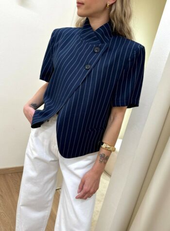 Shop Online Giacca coreana manica corta gessata blu HaveOne