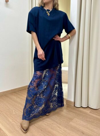 Shop Online Vestito t-shirt lungo con pizzo blu HaveOne