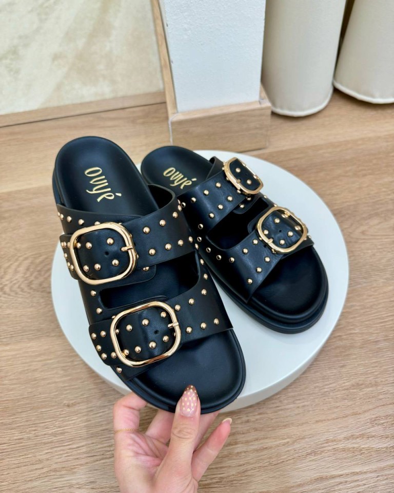 Sandalo nappa nero con borchie oro Ovyè Shop Online Sandalo nappa nero con borchie oro Ovyè