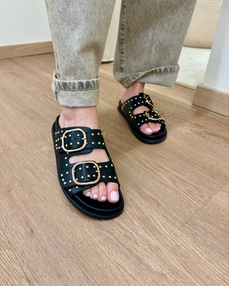 Sandalo nappa nero con borchie oro Ovyè Shop Online Sandalo nappa nero con borchie oro Ovyè