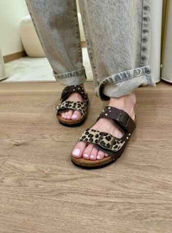 Shop Online Sandalo Victoria basso pelle moro e leopardato Ovyè