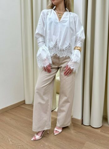 Shop Online Blusa bianca in cotone inserto pizzo HaveOne