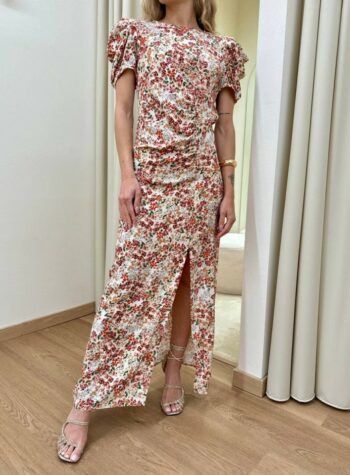 Shop Online Vestito midi floreale burro e arancio con drappeggio Vicolo