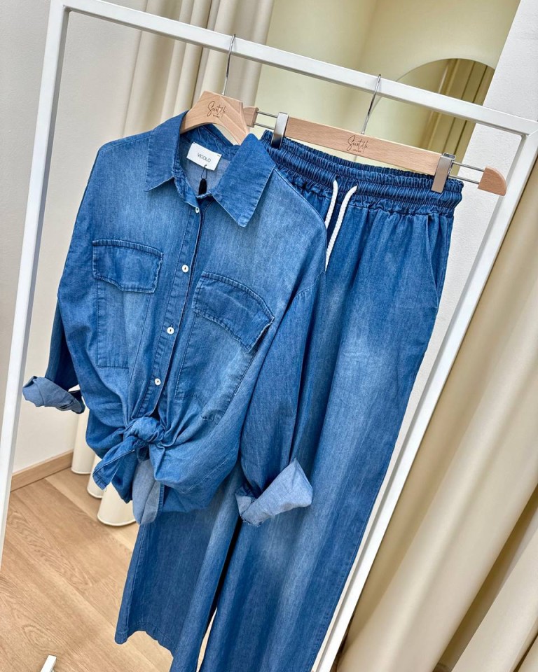 Pantalone in chambray blu sfumato Vicolo Shop Online Pantalone in chambray blu sfumato Vicolo