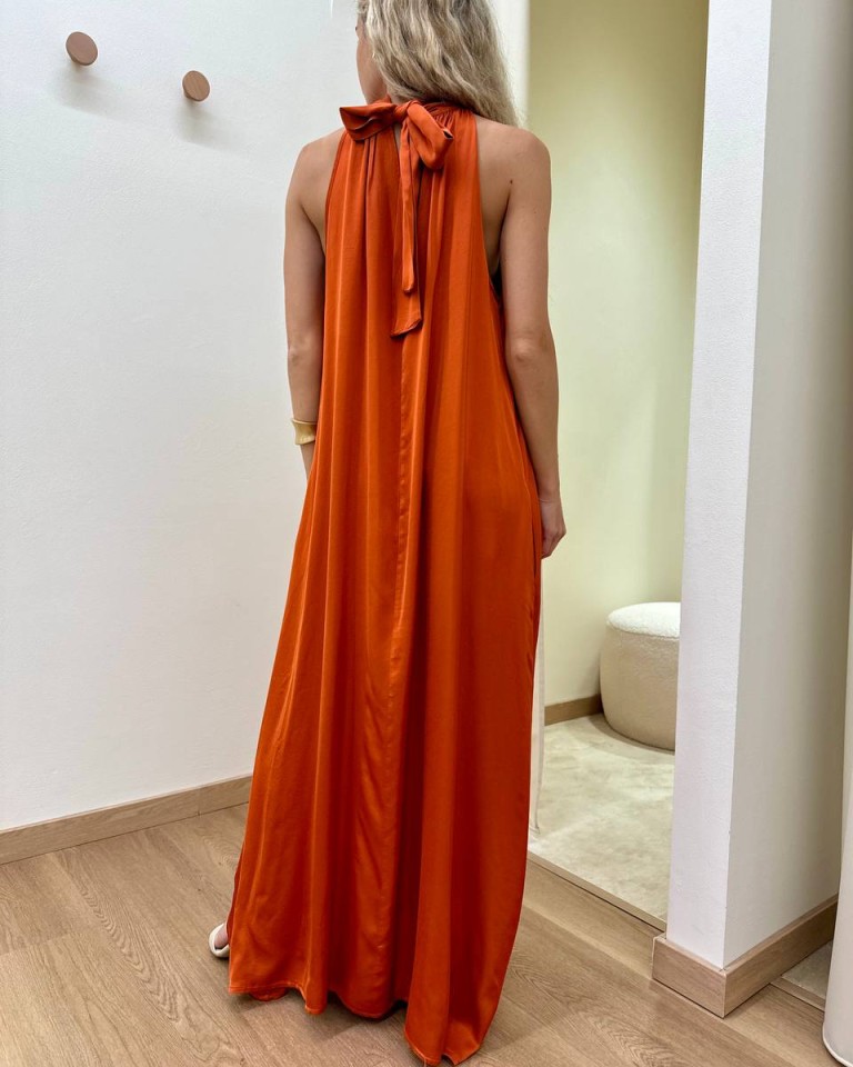 Vestito lungo fiocco sul collo papaya Vicolo Shop Online Vestito lungo fiocco sul collo papaya Vicolo